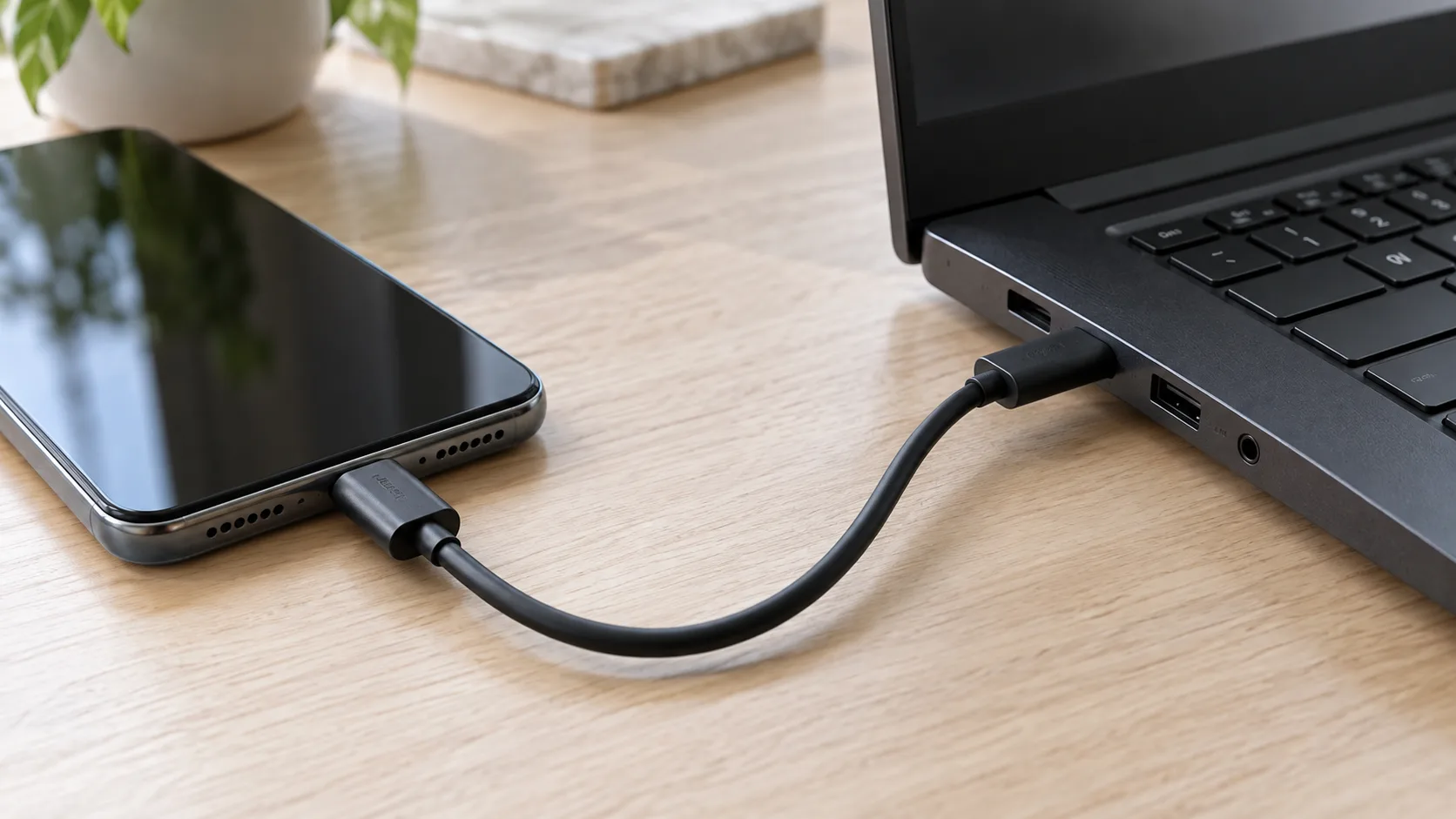 USB-кабель соединяет телефон с портом ноутбука