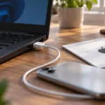 Телефон подключён к ноутбуку Windows кабелем USB рядом с инструкцией Apple