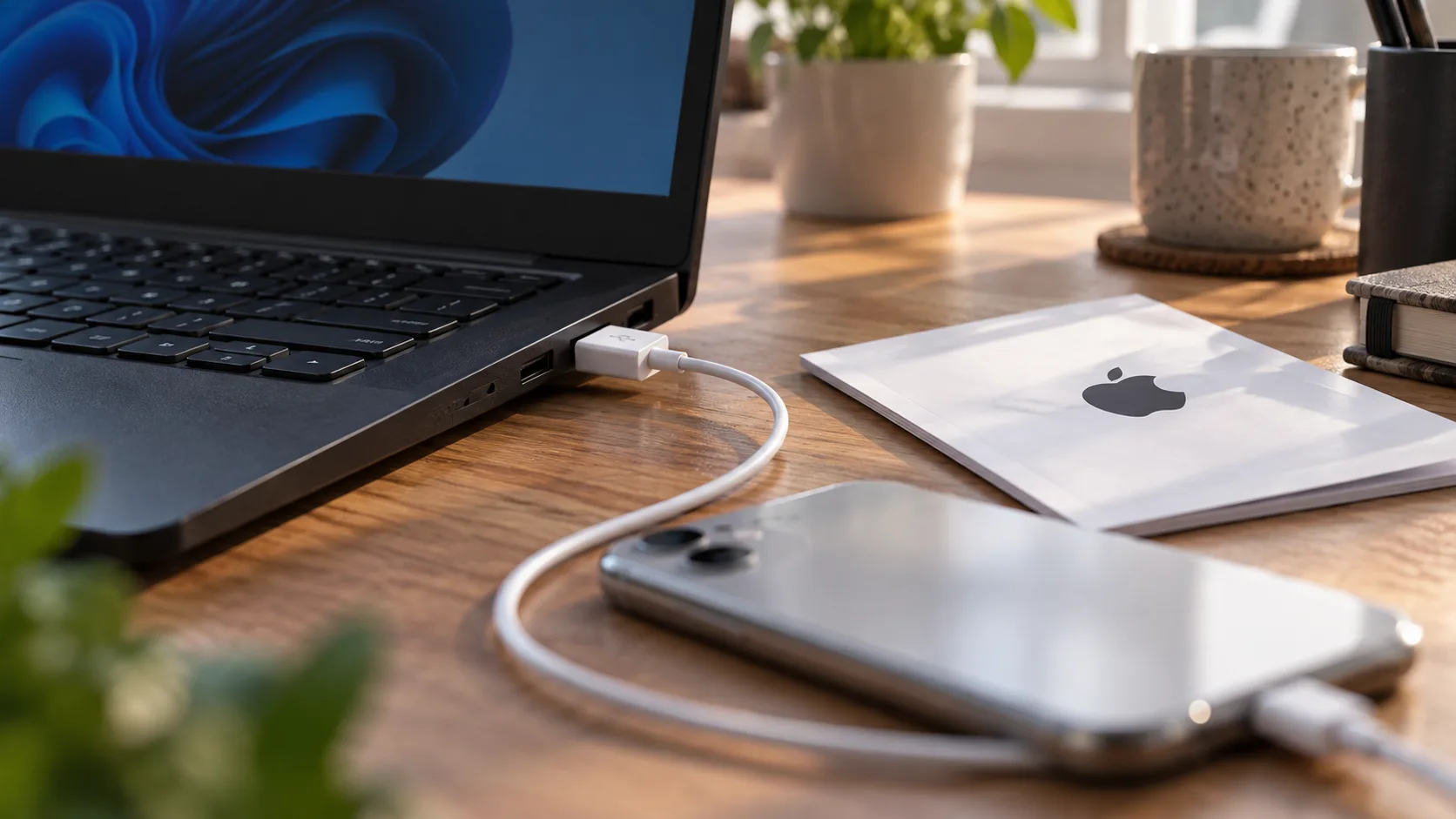 Телефон подключён к ноутбуку Windows кабелем USB рядом с инструкцией Apple