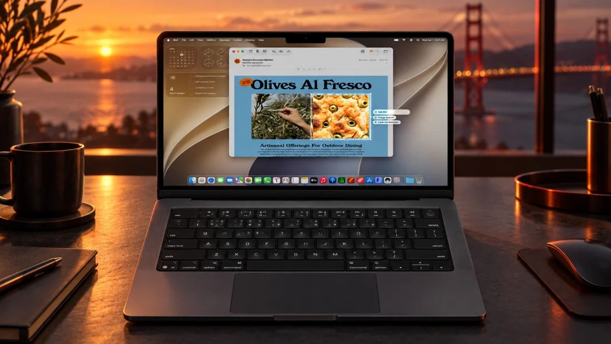 MacBook с macOS 27 Golden Gate в студии с тёплым вечерним светом