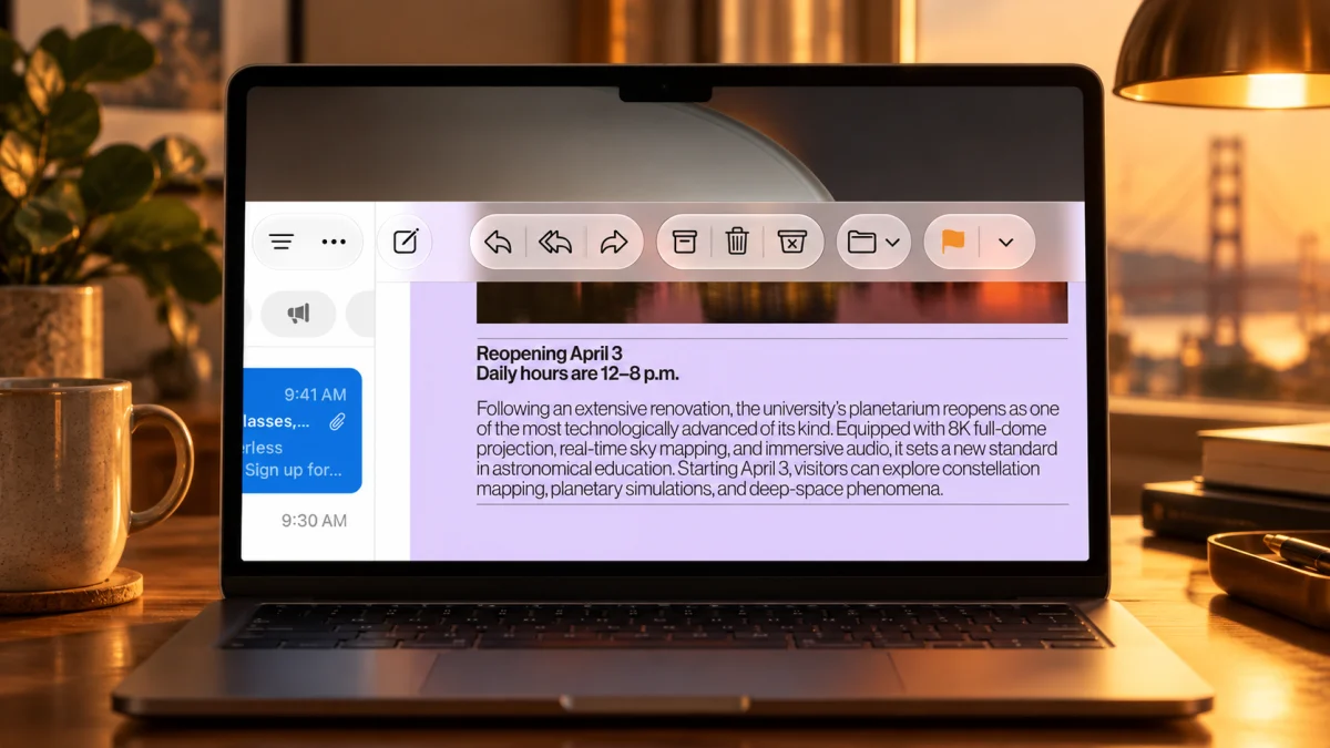 Интерфейс macOS 27 с обновлёнными элементами Liquid Glass