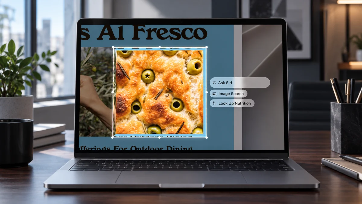 MacBook с интерфейсом Siri AI и Visual Intelligence на рабочем столе