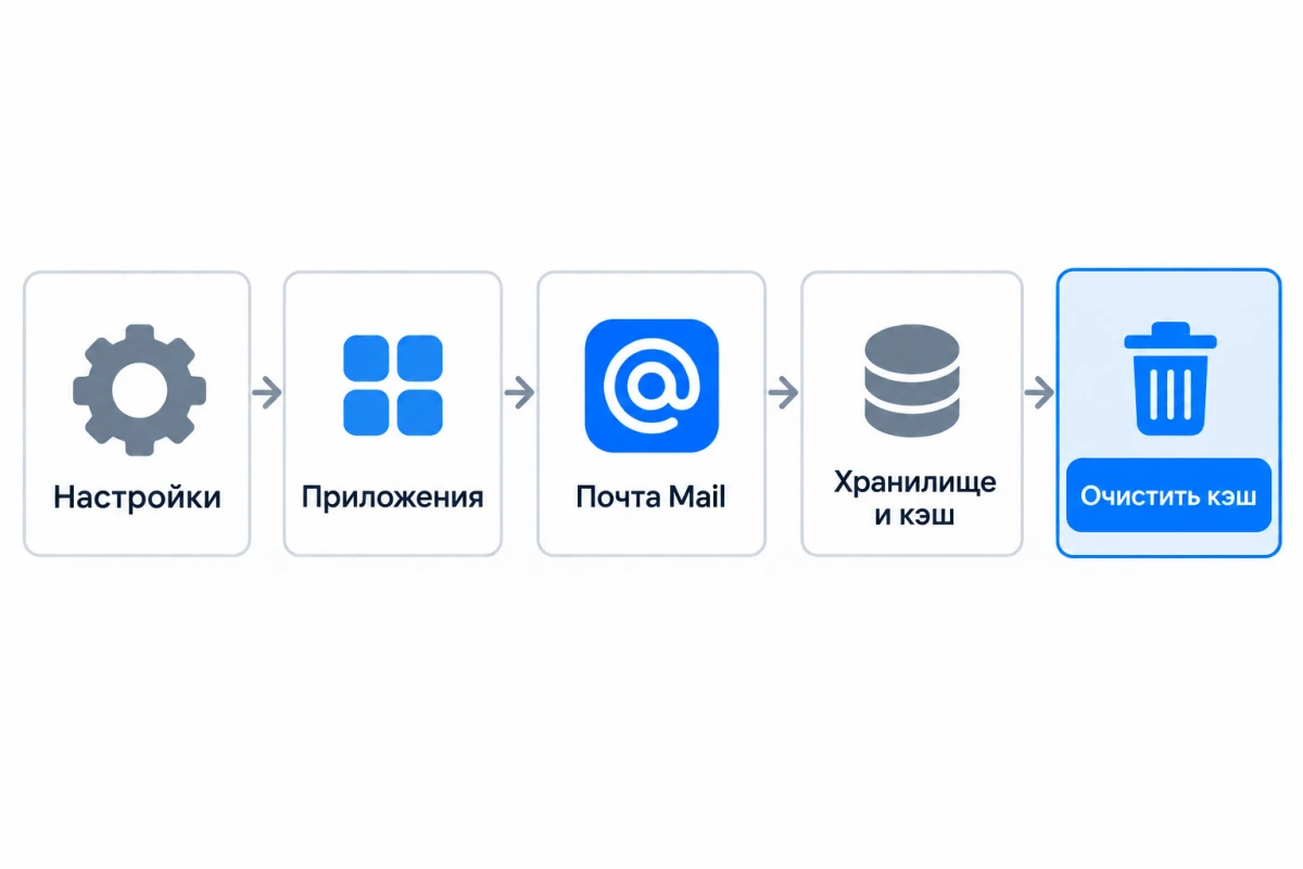 Схема пути к очистке кэша Почты Mail в настройках Android