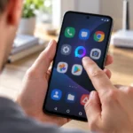Человек со спины нажимает значок MAX на экране Android-телефона рядом с роутером