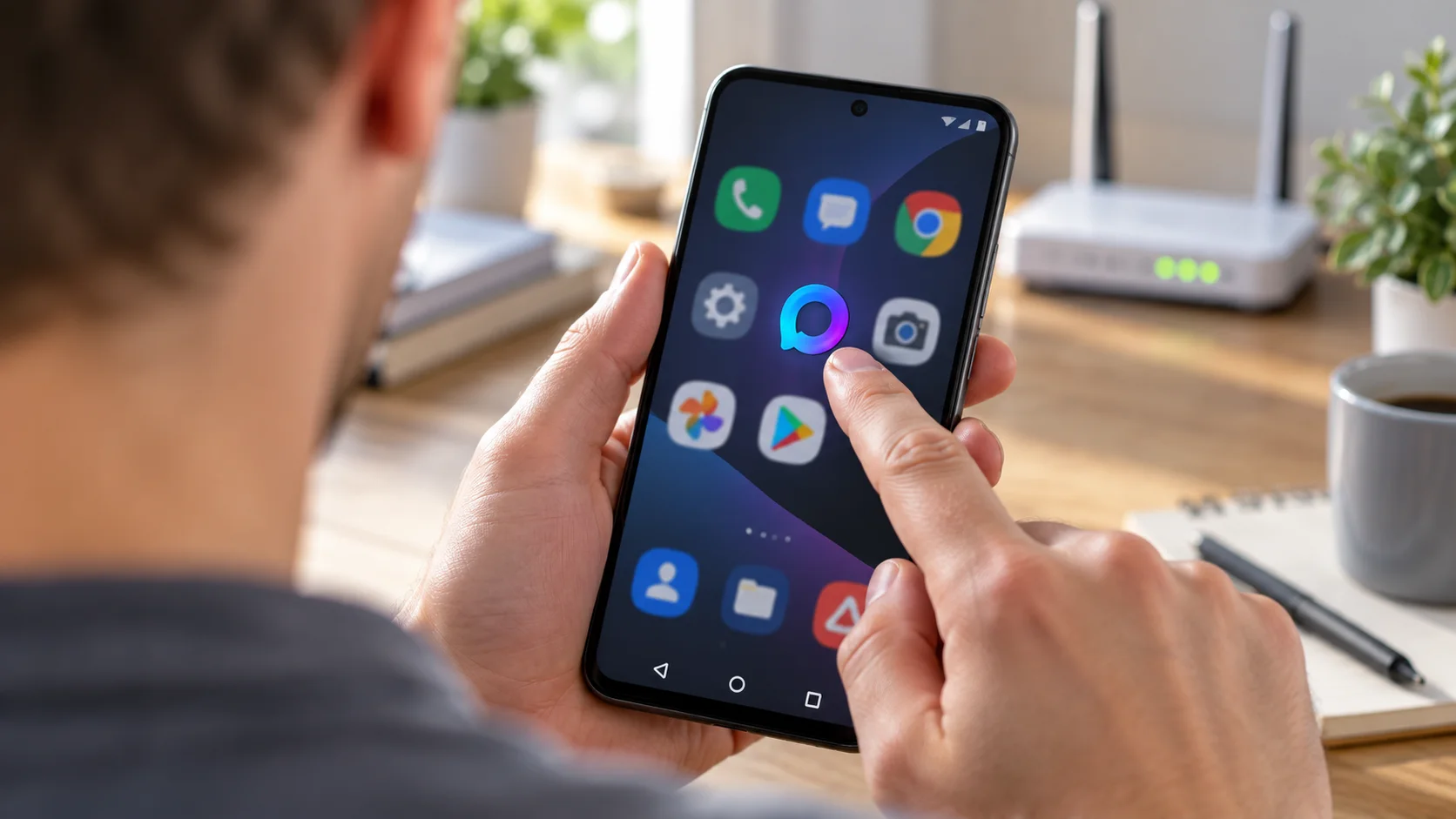 Человек со спины нажимает значок MAX на экране Android-телефона рядом с роутером