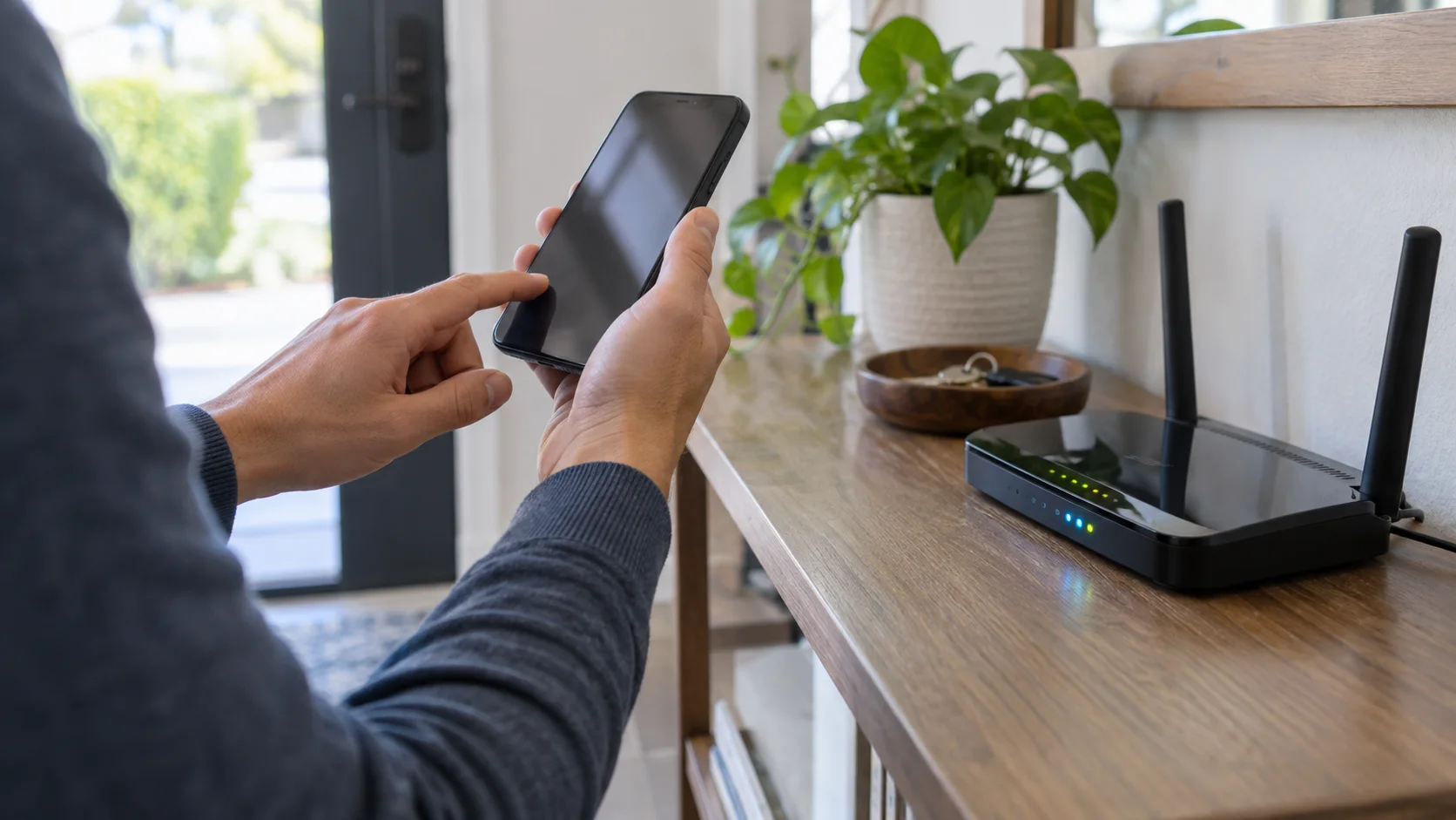 Человек проверяет телефон рядом с домашним Wi-Fi-роутером