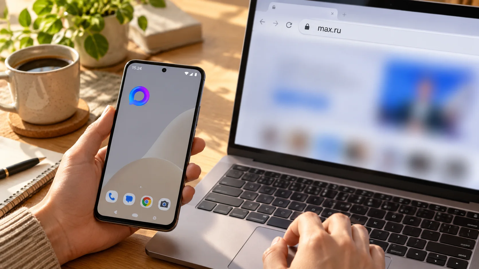 Человек сверяет значок MAX на телефоне с официальным адресом max.ru на ноутбуке