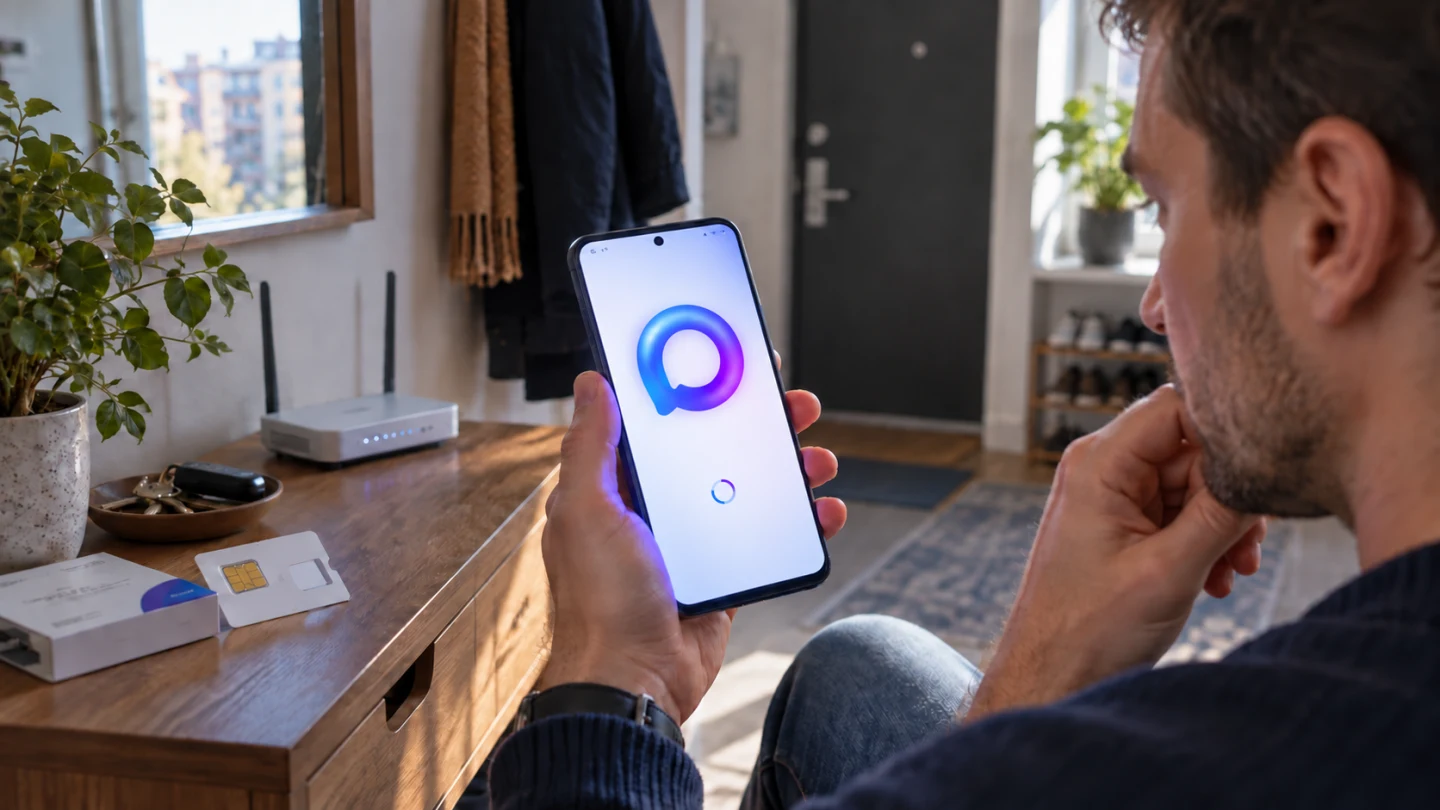 Пользователь ждёт код для входа в MAX на новом телефоне рядом с SIM-картой