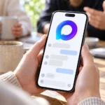 Смартфон с логотипом MAX и двумя участниками за рабочим столом