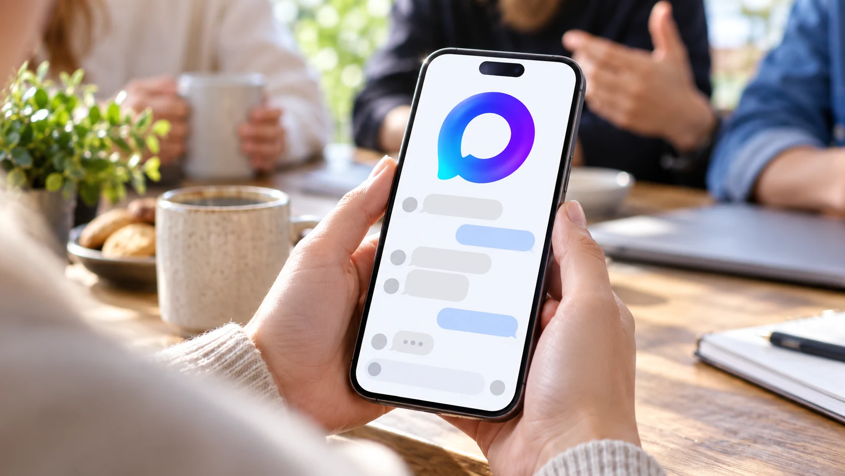 Смартфон с логотипом MAX и двумя участниками за рабочим столом