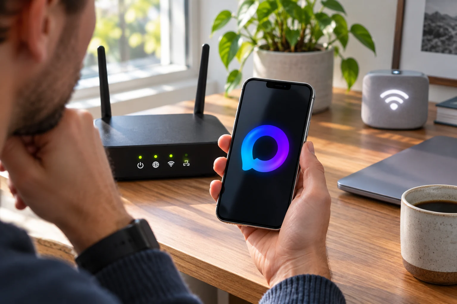 Пользователь проверяет работу MAX на iPhone рядом с домашним роутером