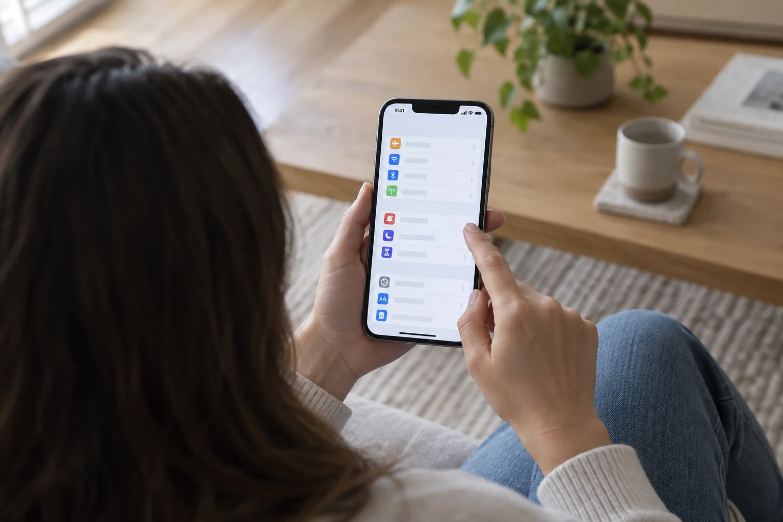 Пользователь проверяет уведомления и режим фокусирования на iPhone
