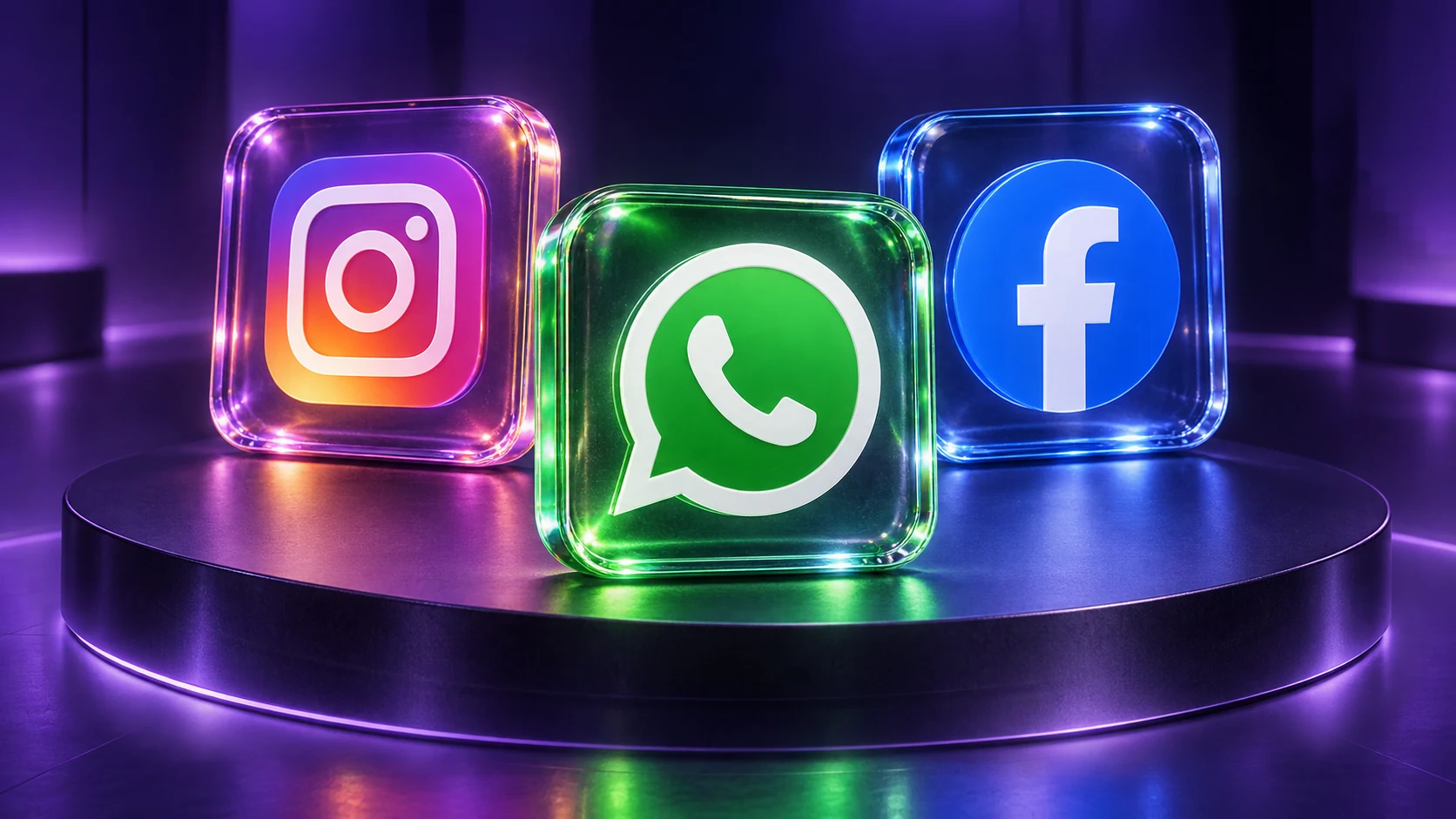 Официальные знаки Instagram, WhatsApp и Facebook на стеклянных панелях