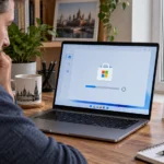 Пользователь проверяет остановившуюся загрузку Microsoft Store на ноутбуке с Windows