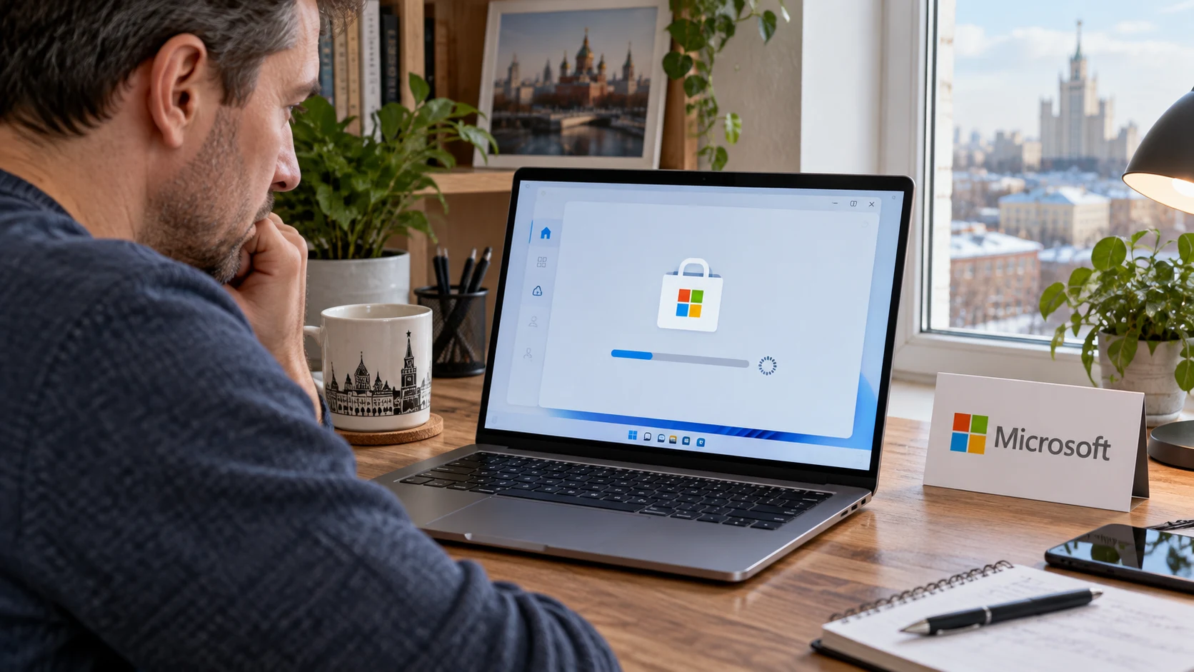 Пользователь проверяет остановившуюся загрузку Microsoft Store на ноутбуке с Windows