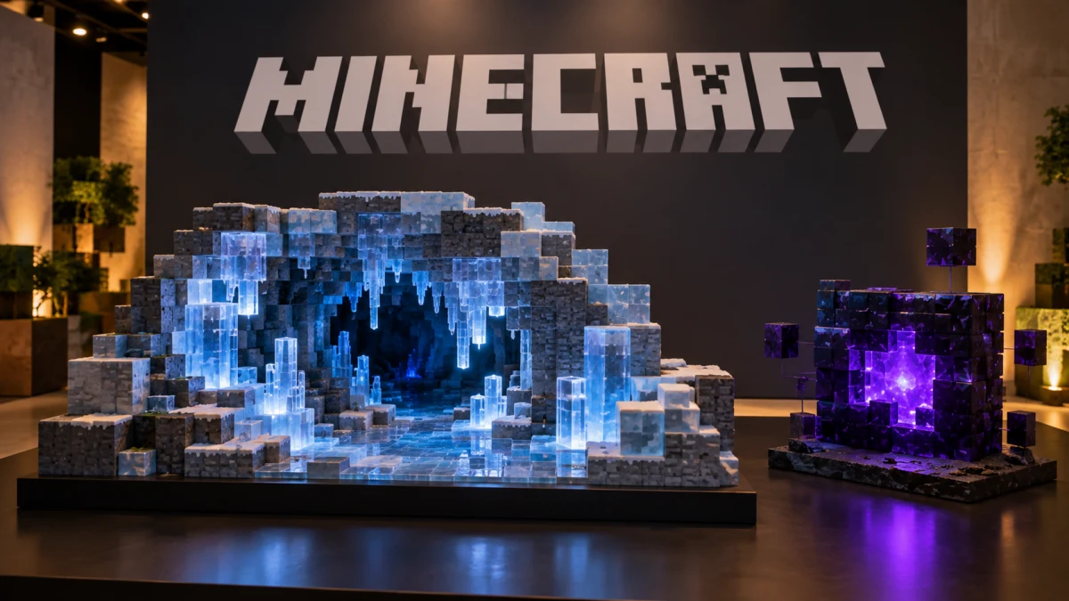 Физическая выставочная диорама ледяной пещеры под знаком Minecraft