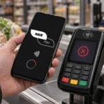 Пользователь проверяет оплату Mir Pay на Android у бесконтактного терминала