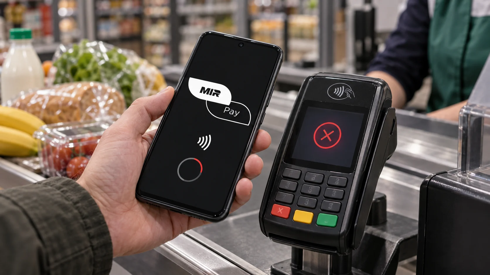 Пользователь проверяет оплату Mir Pay на Android у бесконтактного терминала