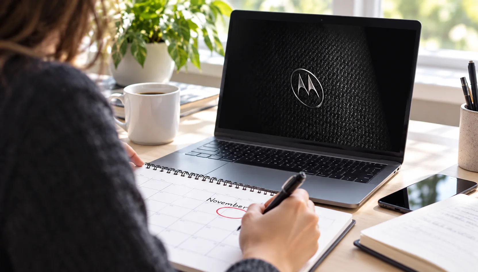 Редактор проверяет ноябрь в календаре рядом с экраном анонса Motorola