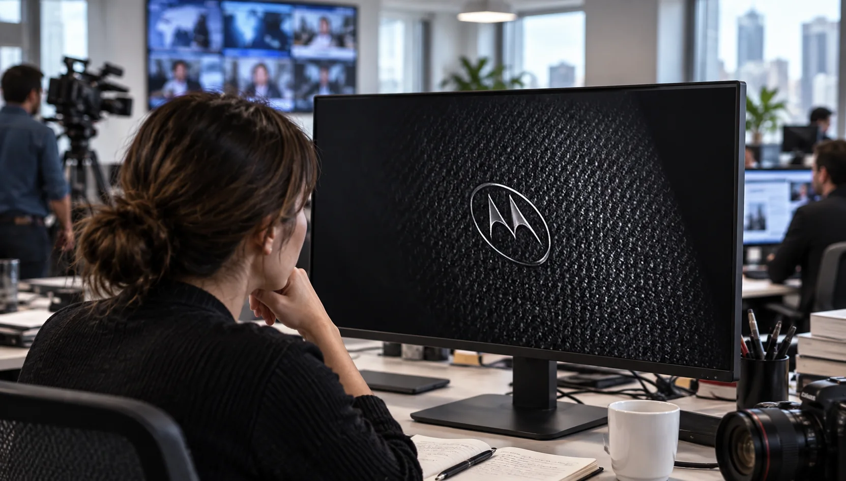 Посетитель смотрит на тизер Motorola Signature в тёмной пресс-зоне