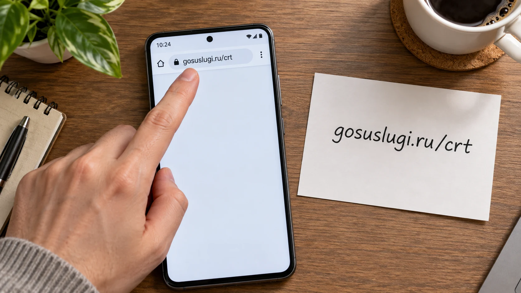 Схема проверки адреса gosuslugi.ru/crt на Android-телефоне и бумажной памятке