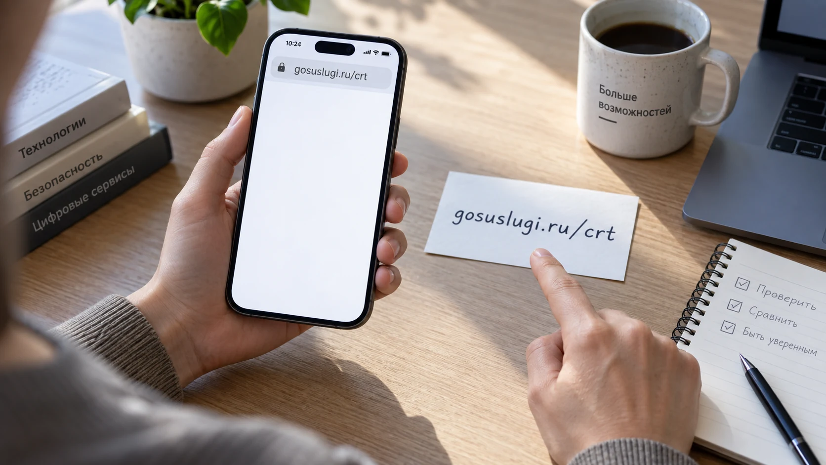 Пользователь сверяет официальный адрес gosuslugi.ru/crt перед загрузкой на iPhone
