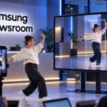 Официальный знак Samsung Newsroom рядом со смартфоном с экраном обновления