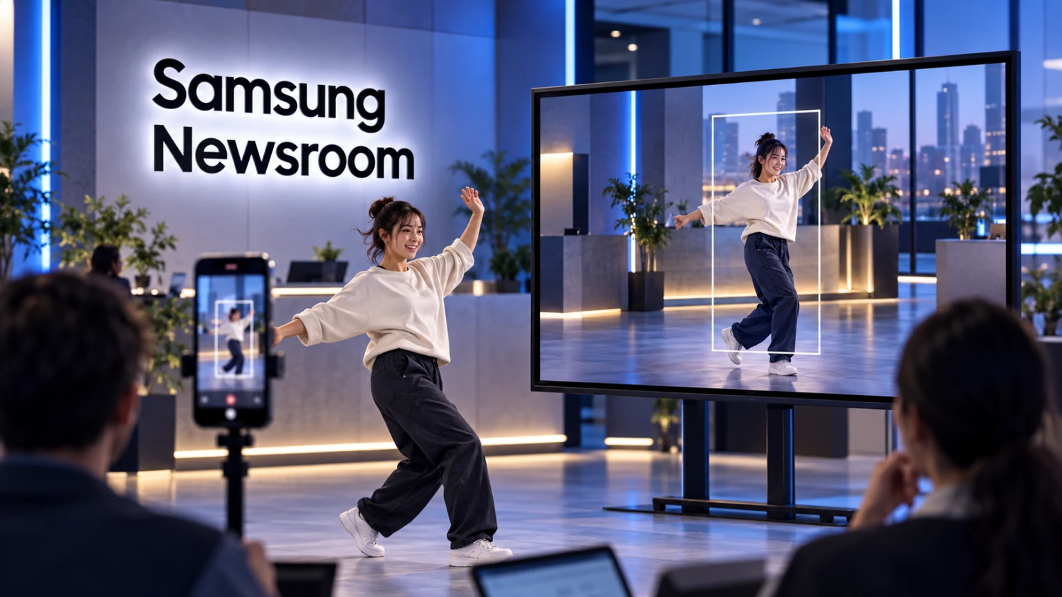 Официальный знак Samsung Newsroom рядом со смартфоном с экраном обновления