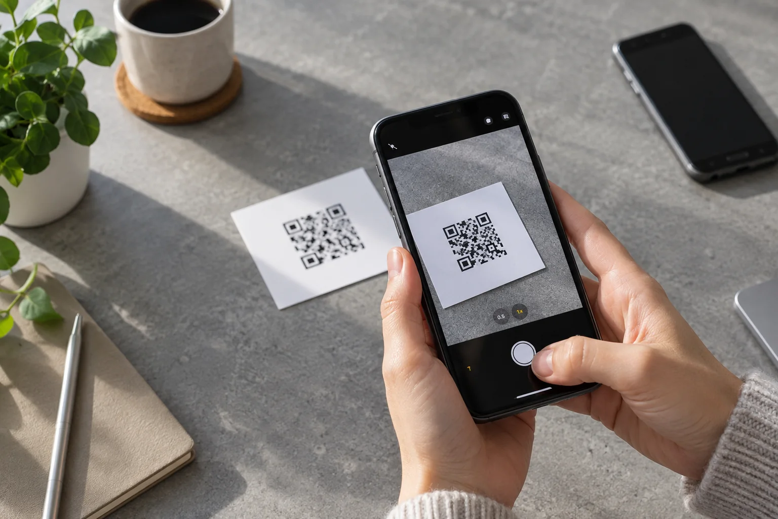 Смартфон наводят на карточку с условным QR-кодом eSIM