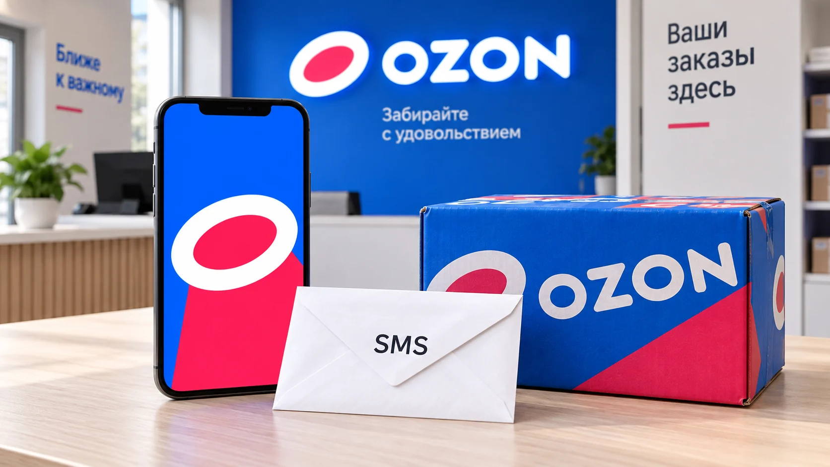 Смартфон со знаком Ozon рядом с конвертом SMS и посылкой