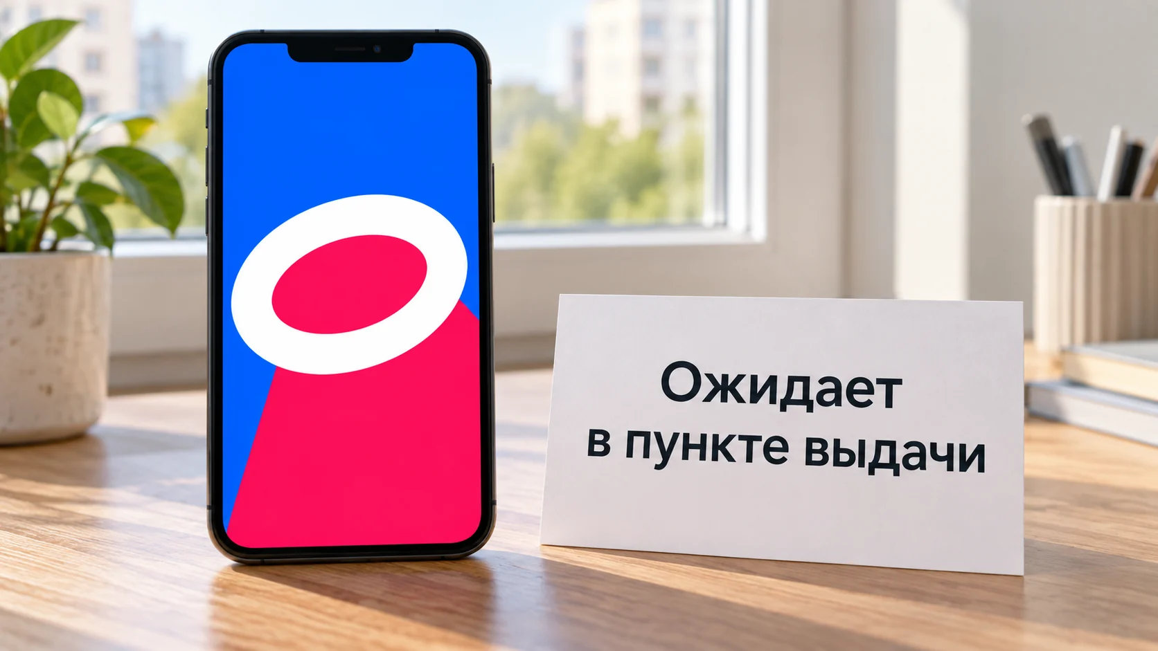 Смартфон Ozon и карточка статуса ожидания в пункте выдачи