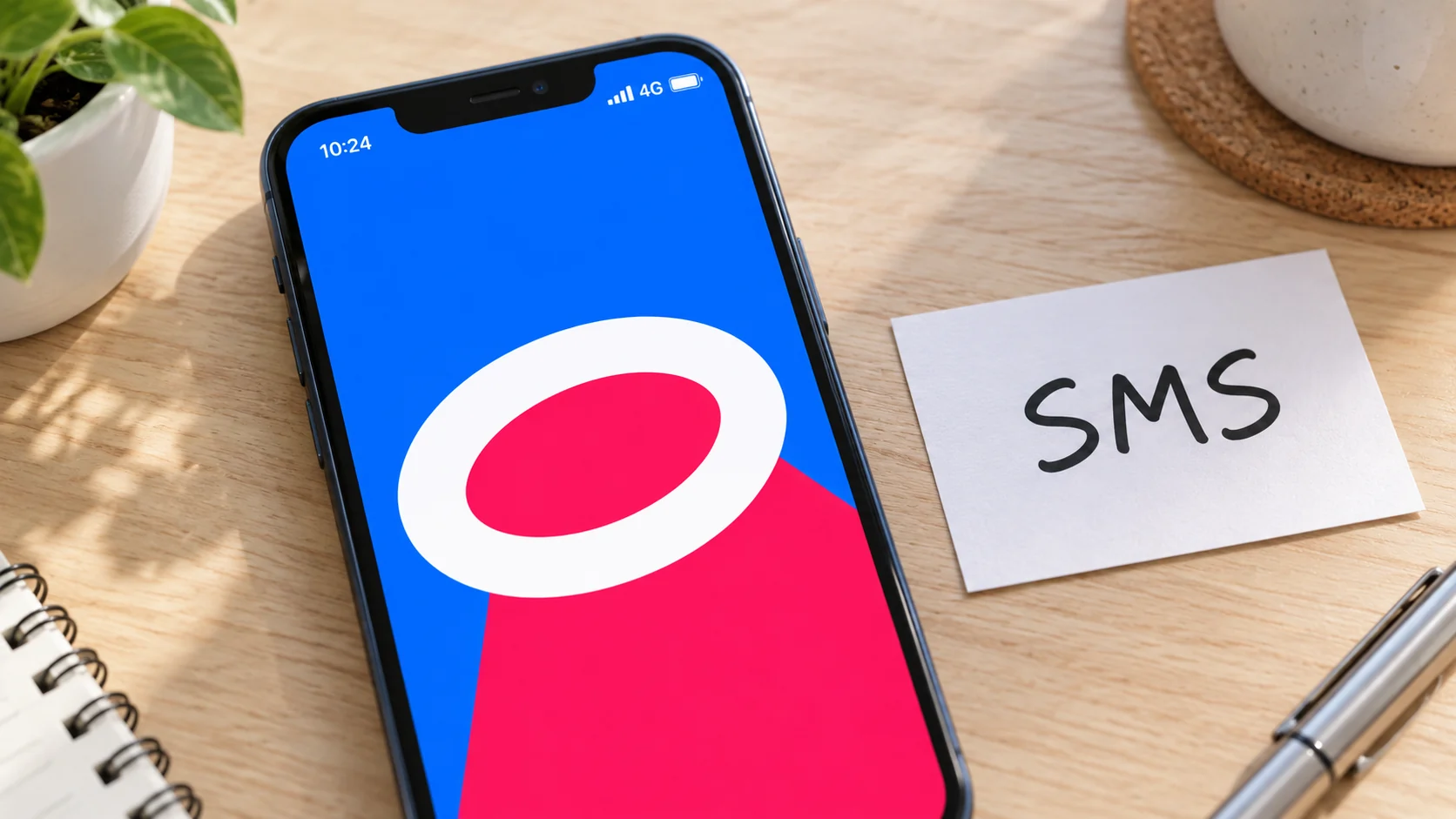 Смартфон Ozon с мобильным сигналом рядом с карточкой SMS