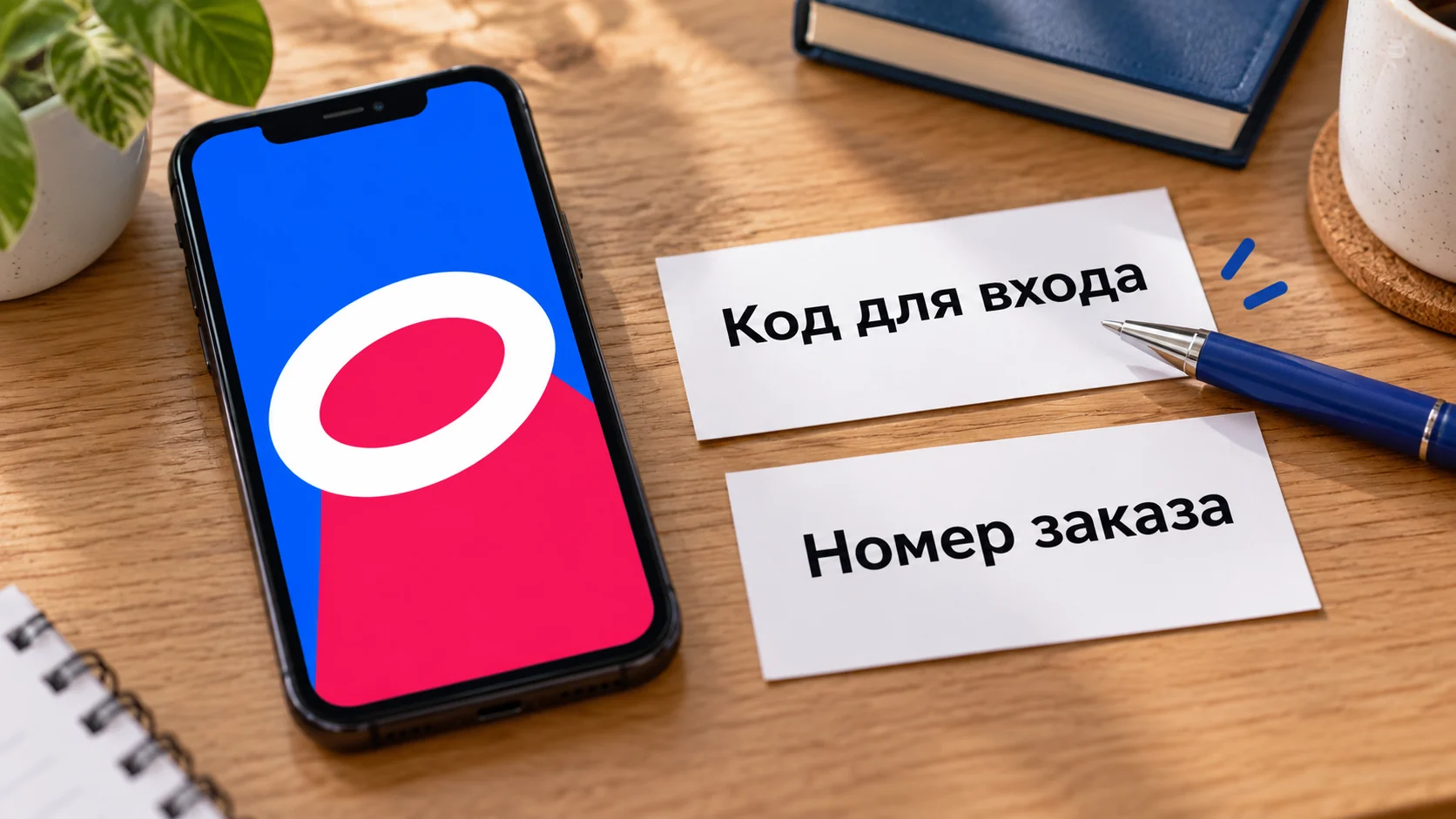 Карточки кода для входа и номера заказа рядом со знаком Ozon