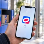 Пользователь держит iPhone с загружающимся приложением Ozon у пункта выдачи