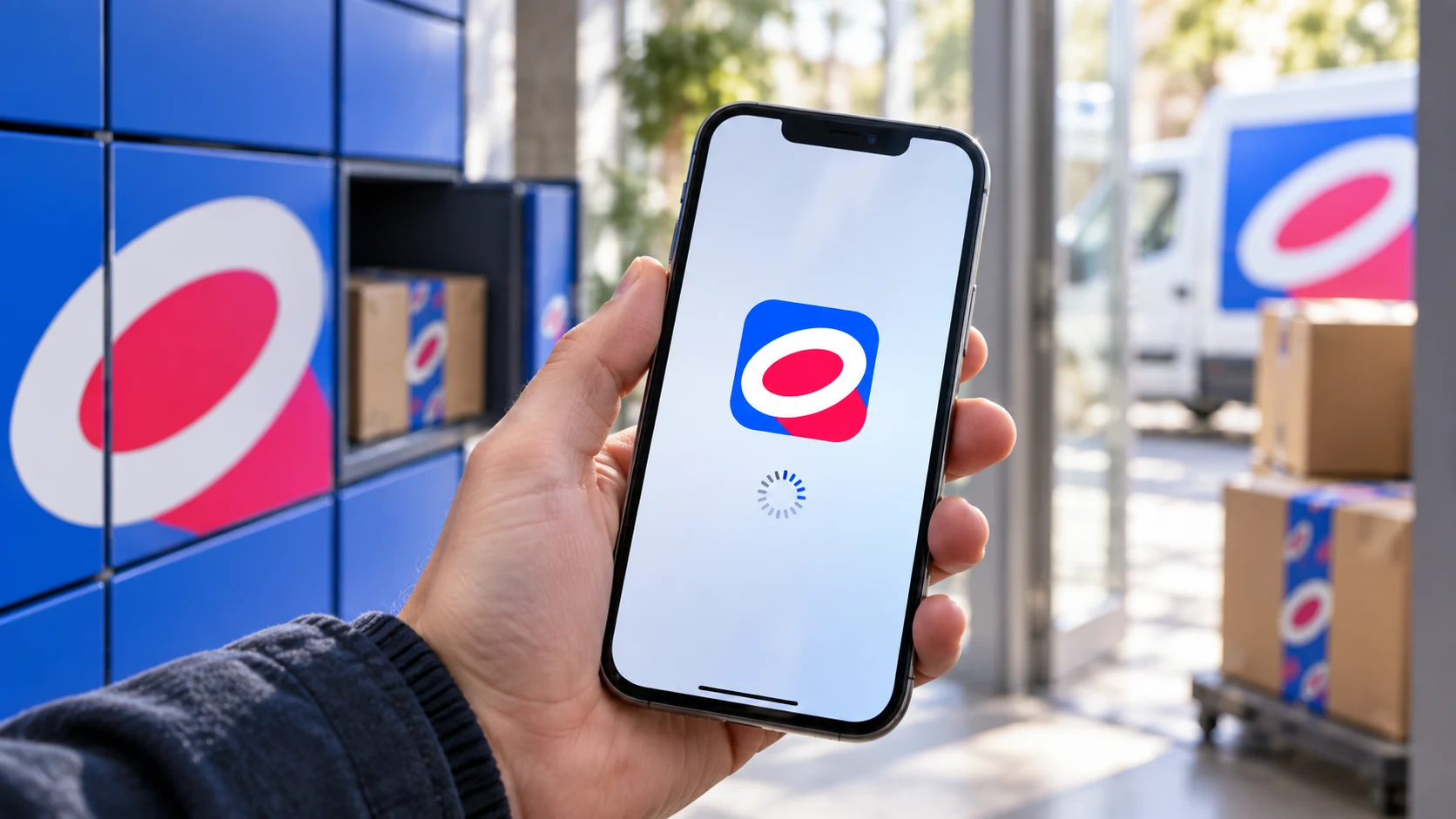 Пользователь держит iPhone с загружающимся приложением Ozon у пункта выдачи
