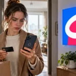 Покупатель проверяет зависшую оплату Ozon на смартфоне рядом с посылками