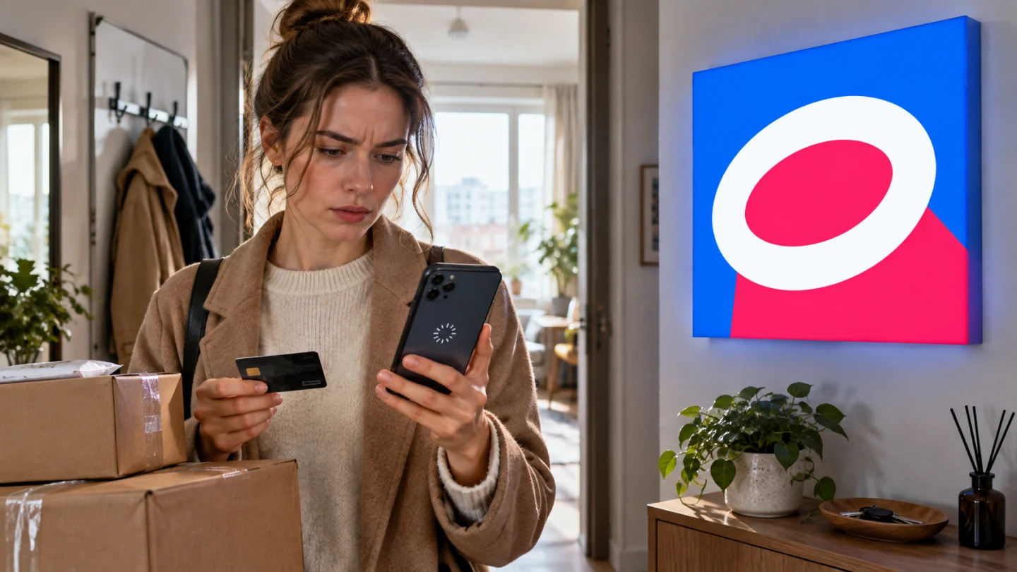 Покупатель проверяет зависшую оплату Ozon на смартфоне рядом с посылками