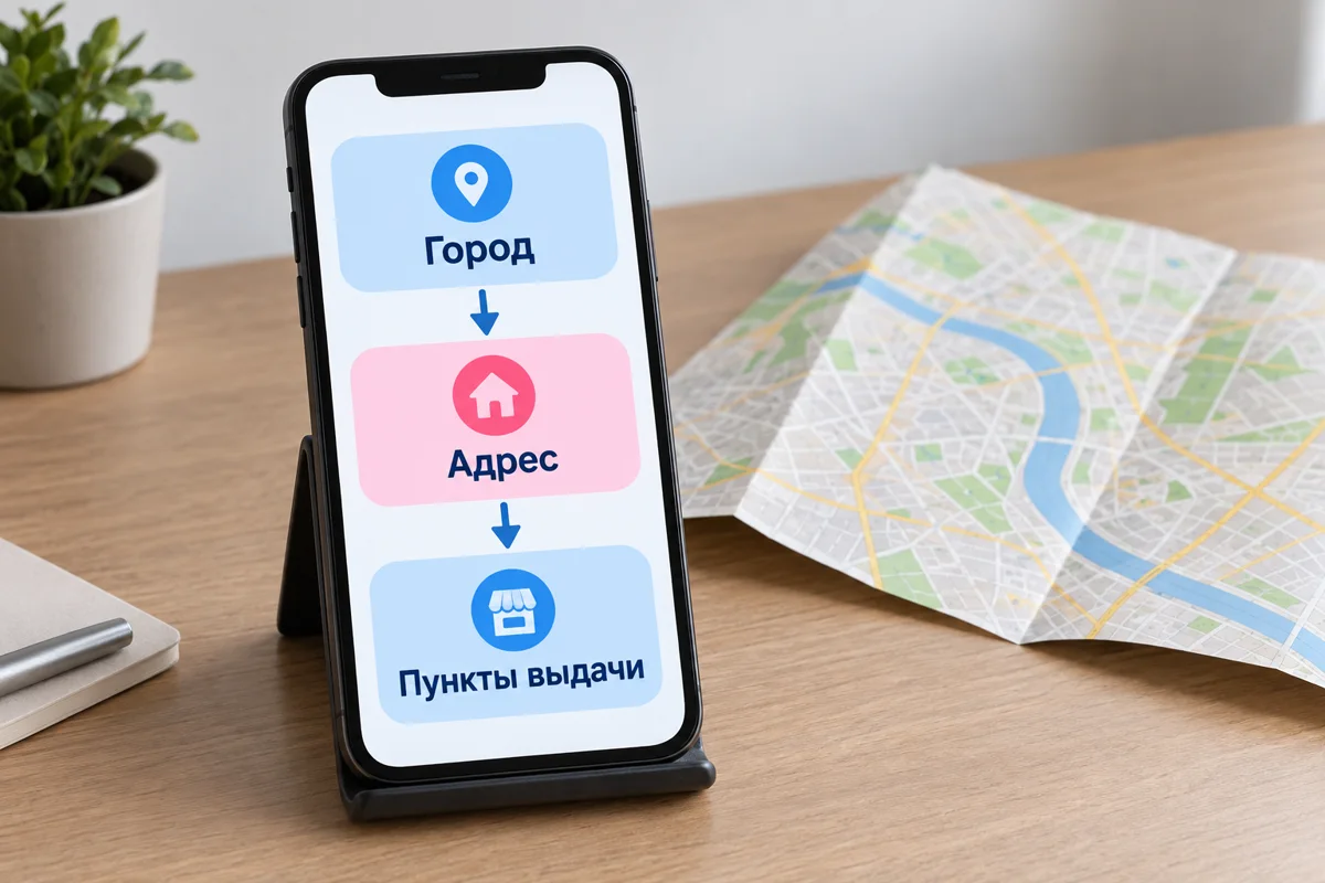 Схема проверки города и адреса перед поиском пункта выдачи