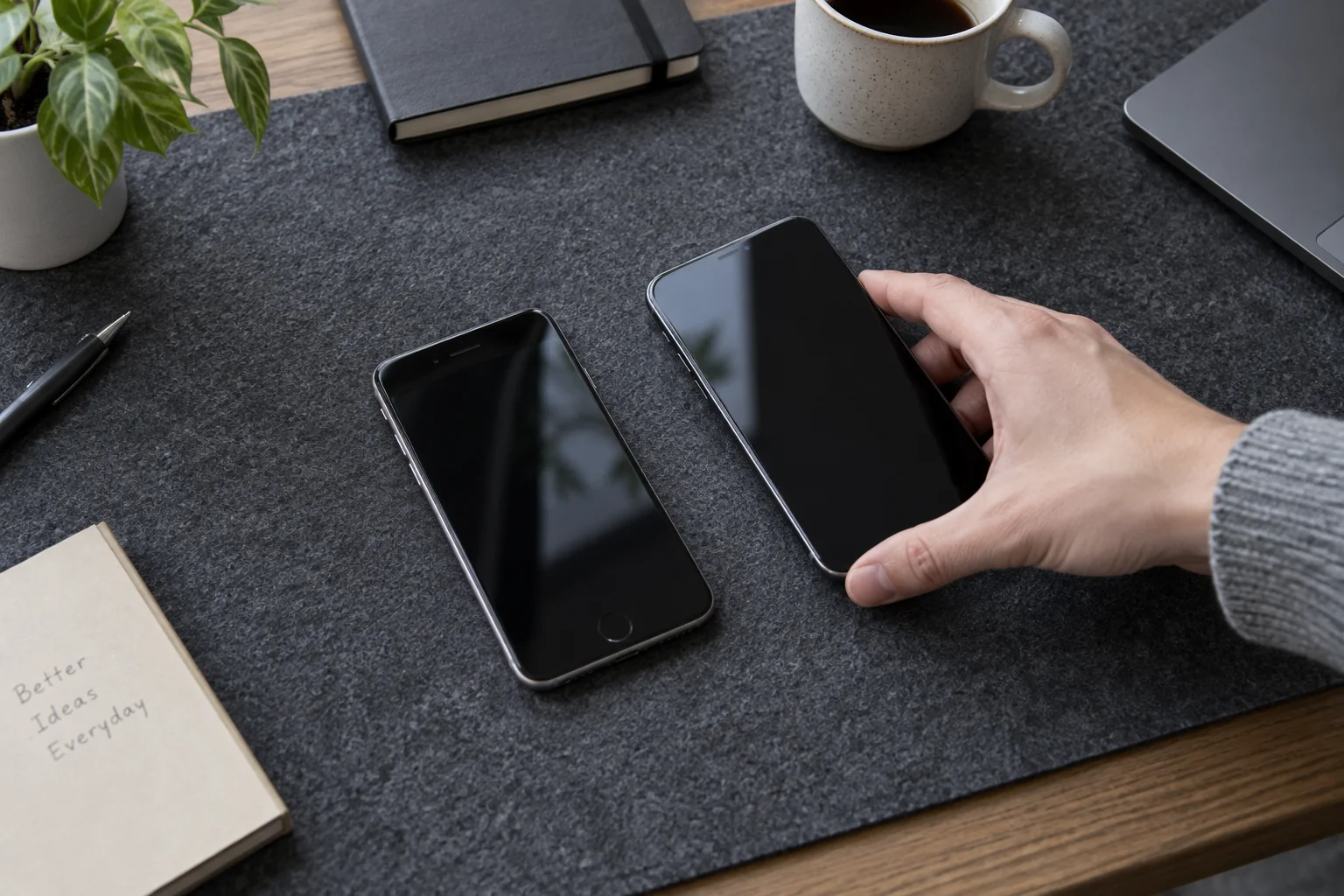 Два iPhone лежат рядом на столе перед быстрым переносом eSIM