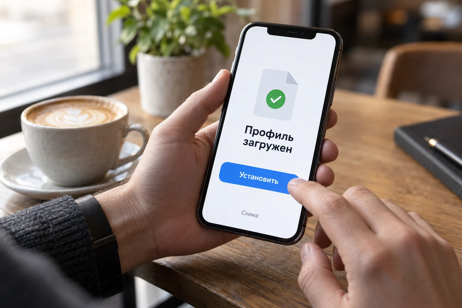 Схема двух действий на iPhone: профиль загружен и установка
