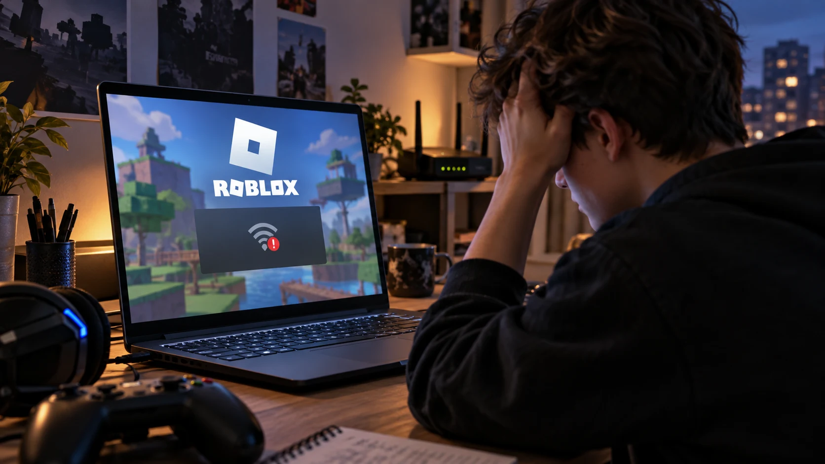 Пользователь видит ошибку подключения Roblox на ноутбуке рядом с роутером