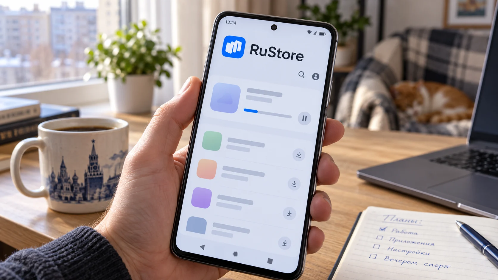 Пользователь проверяет зависшую загрузку приложения в RuStore на Android