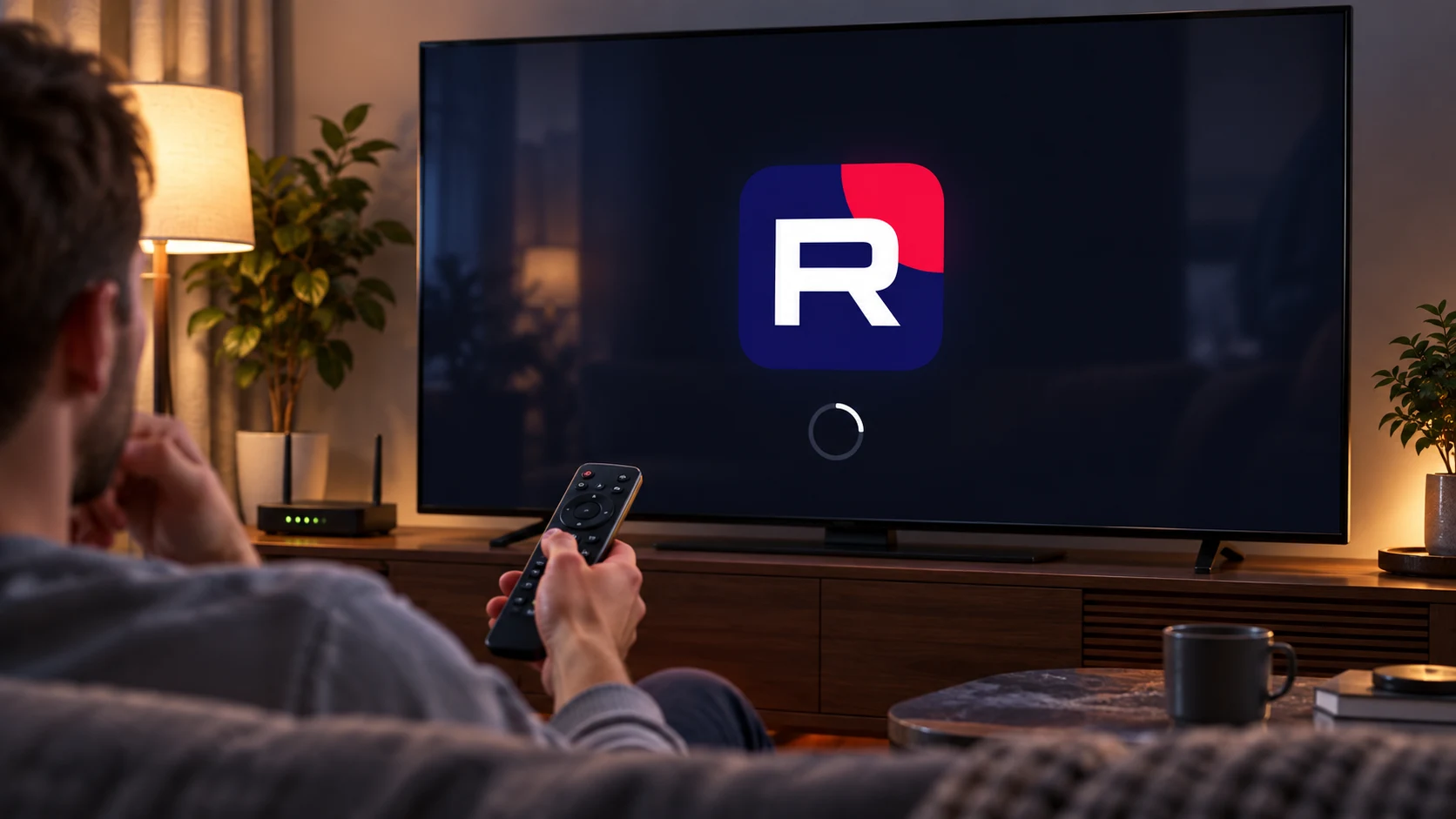 Пользователь проверяет загрузку RUTUBE на телевизоре Samsung рядом с роутером