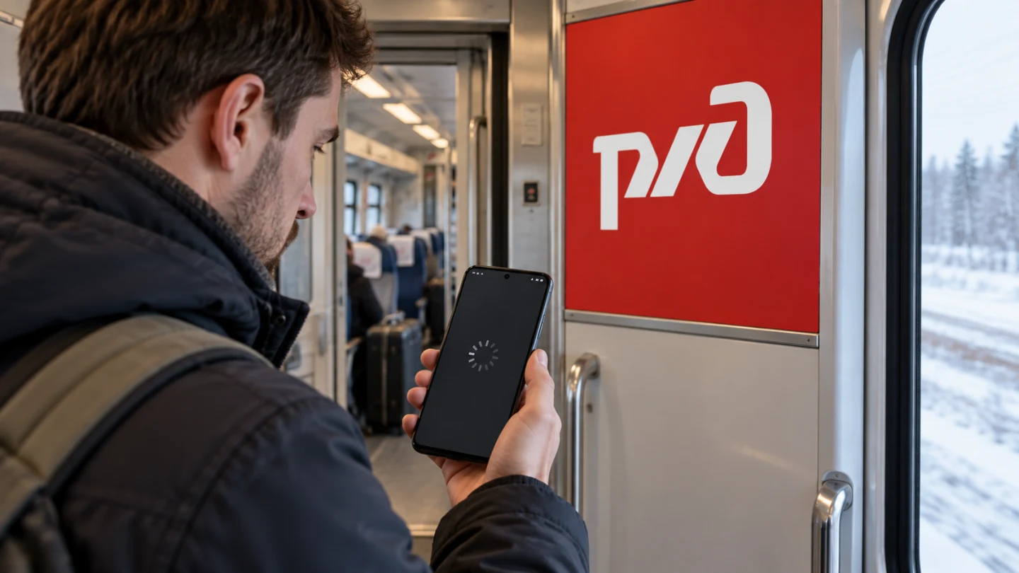 Пассажир проверяет приложение РЖД на Android в вагоне поезда