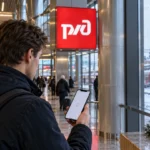 Пассажир на вокзале проверяет зависшее приложение РЖД на iPhone
