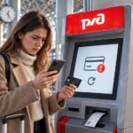 Пассажир проверяет ошибку оплаты билета у терминала РЖД