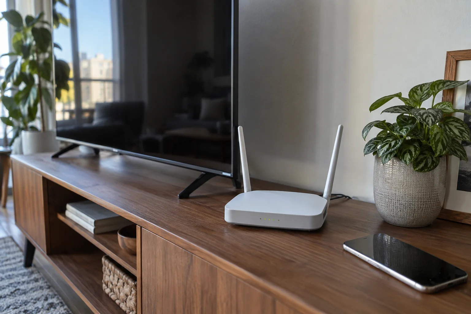 Домашний Wi-Fi-роутер между телевизором и смартфоном