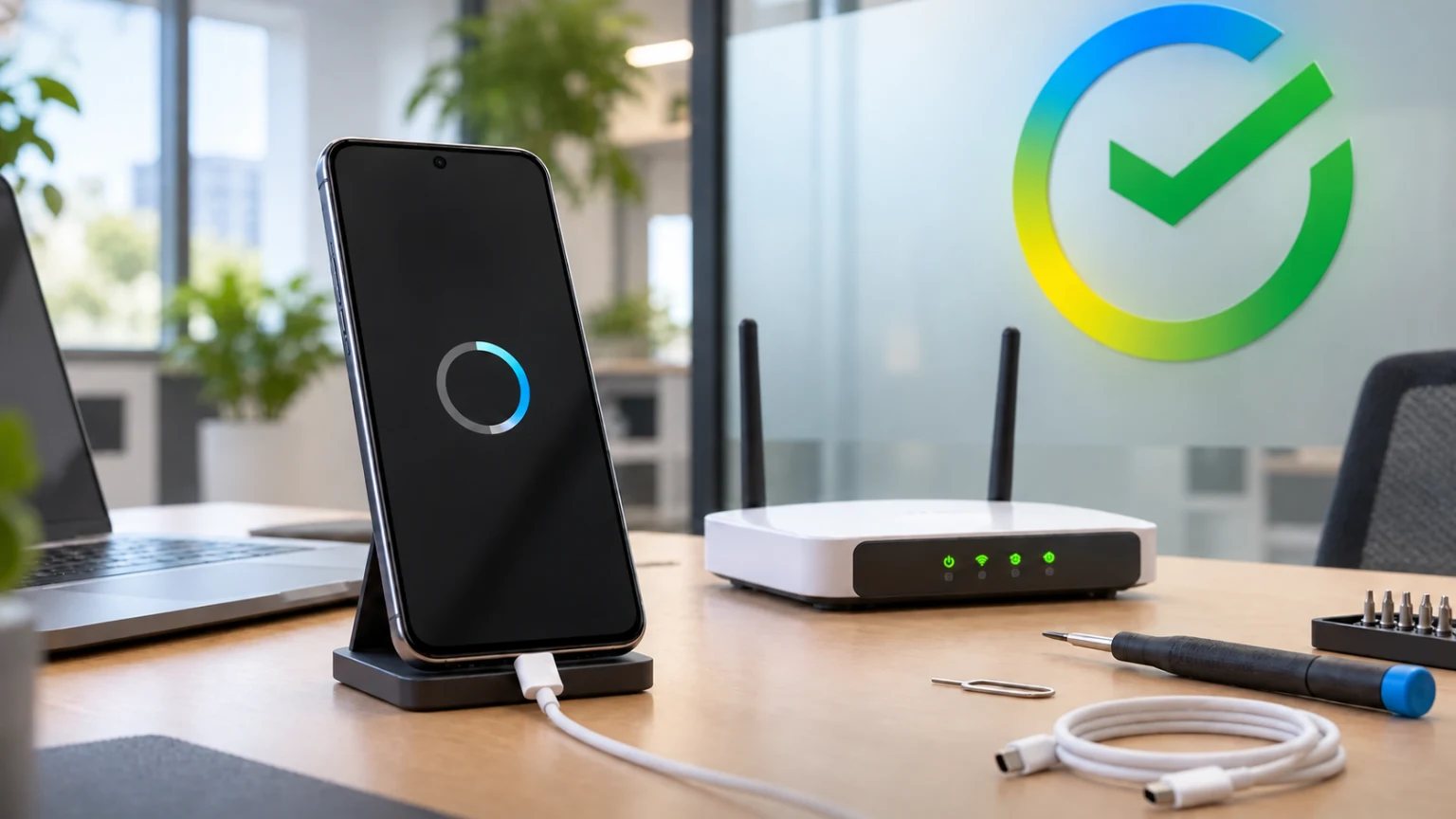 Смартфон Android с официальным знаком СберБанка на экране диагностики