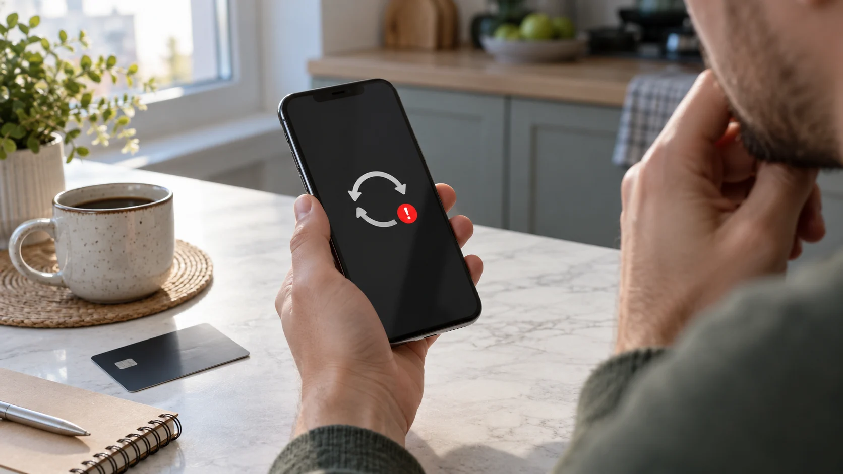 Пользователь проверяет не прошедший банковский перевод на смартфоне
