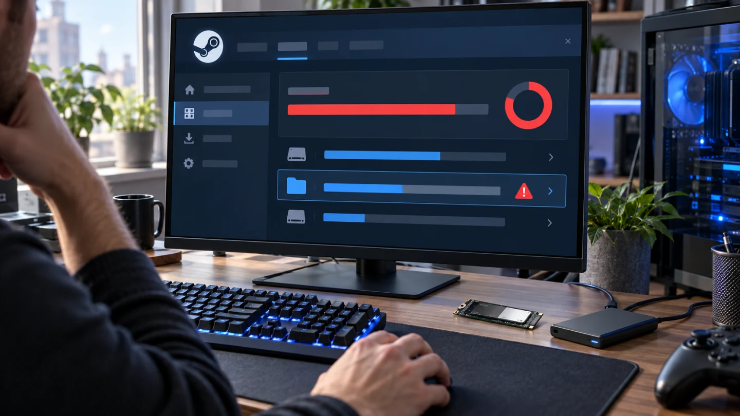 Пользователь проверяет хранилище Steam после ошибки записи на диск